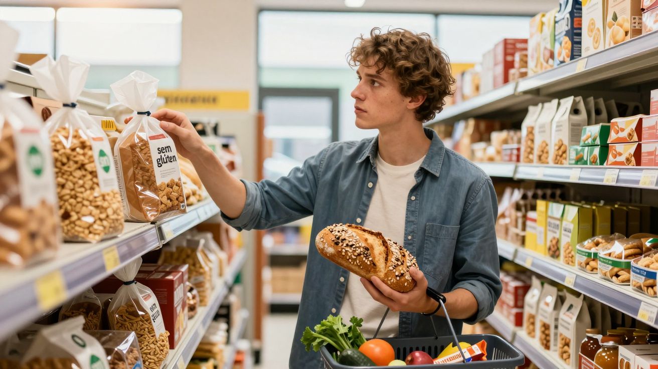 Jovem segurando pão escolhe pacote de produto sem glúten em supermercado, com cesta de compras cheia.
