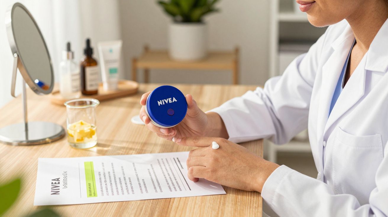 Pessoa aplicando creme Nivea nas mãos sentada em mesa de madeira com espelho e produtos cosméticos.