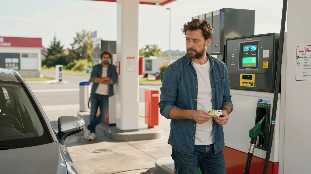 Homem segurando cartão em posto de gasolina com outra pessoa ao fundo encostada em coluna.
