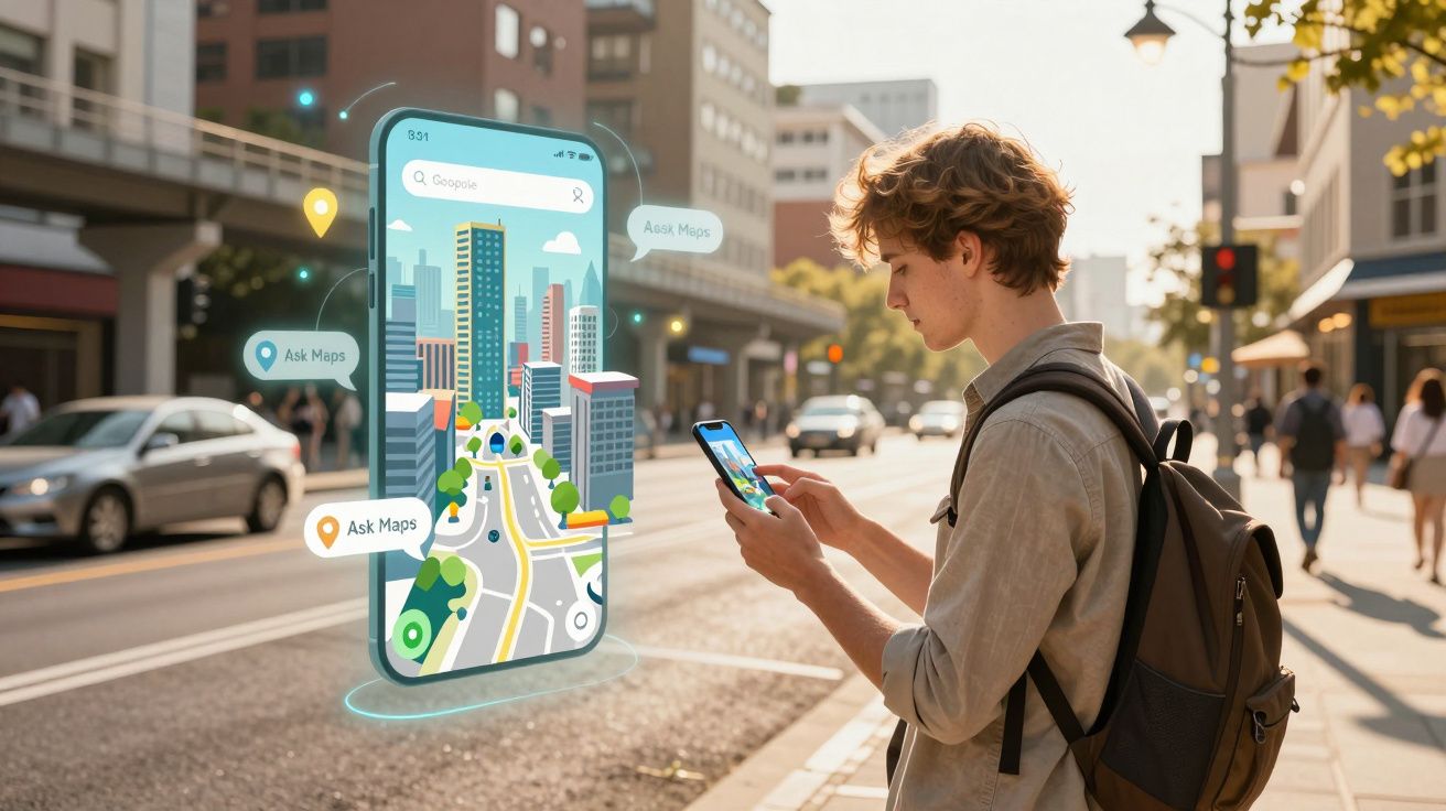 Jovem usando smartphone para navegação com mapa virtual flutuante em rua movimentada da cidade.