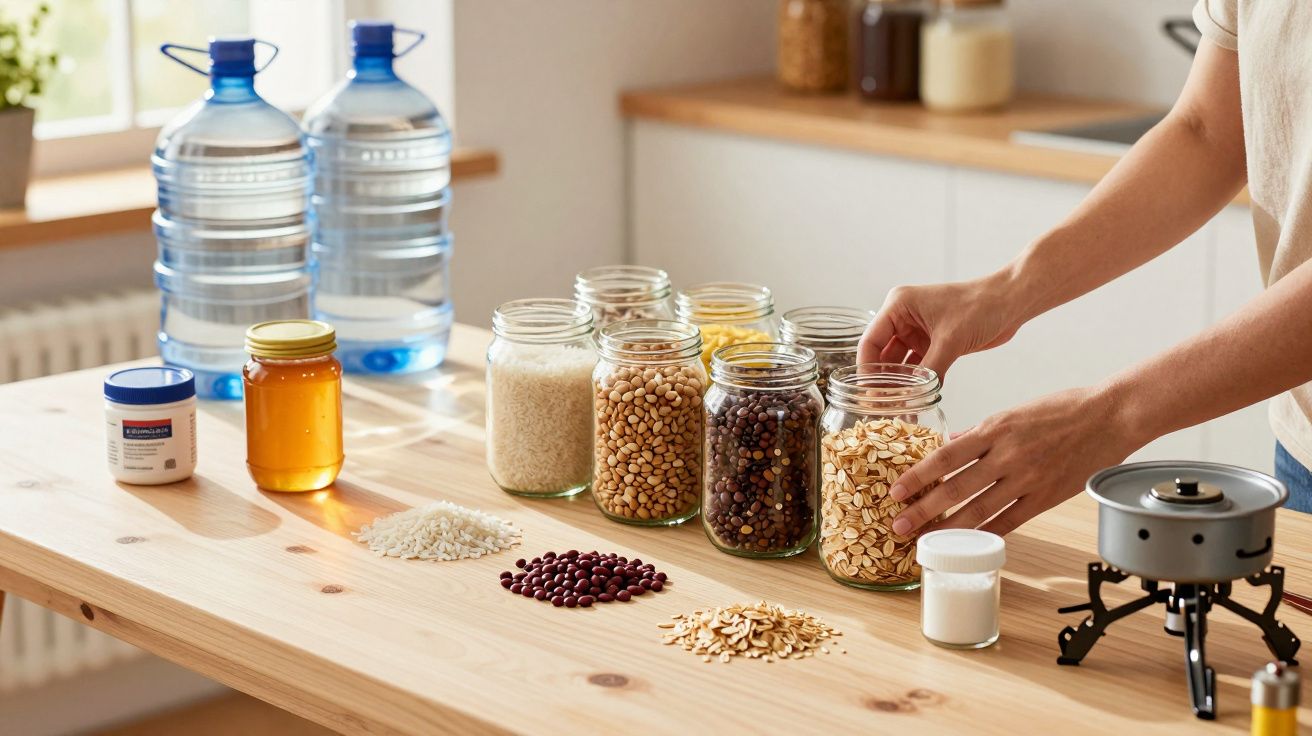 Mãos organizando potes de vidro com grãos e cereais sobre mesa de madeira em cozinha iluminada.