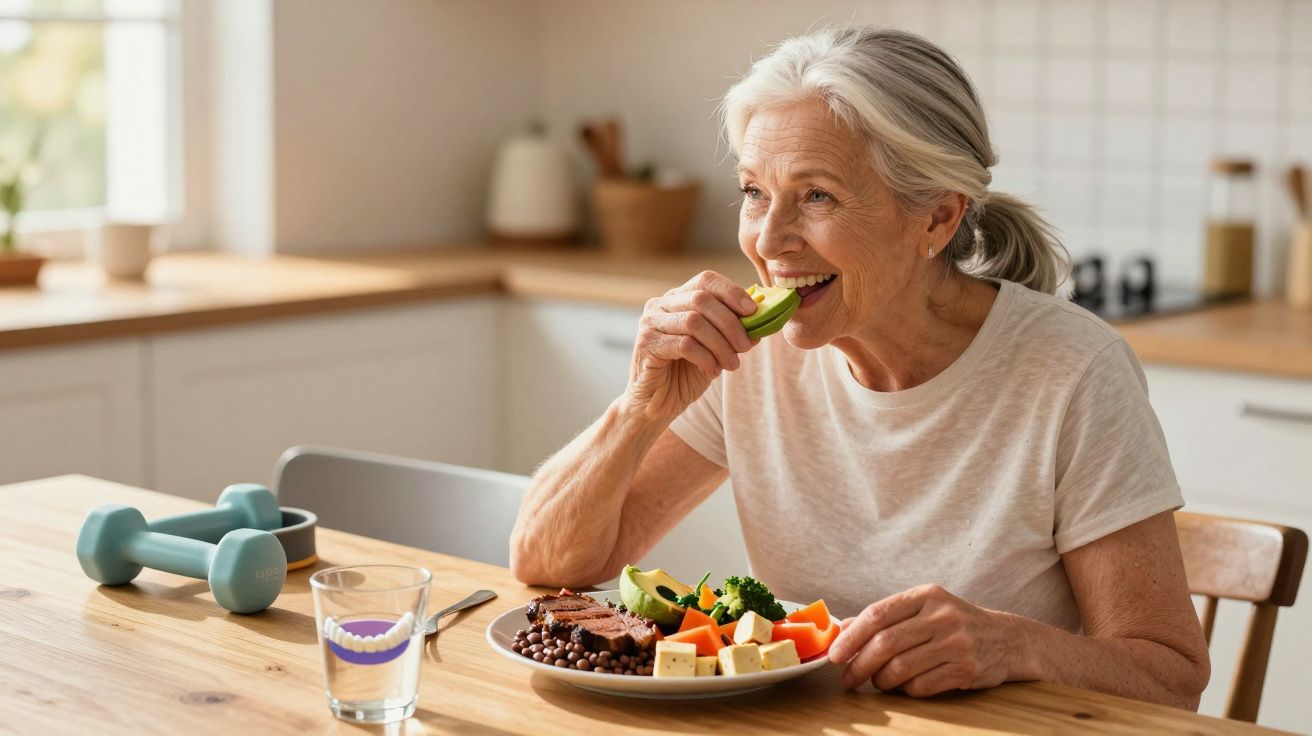 Mulher idosa comendo legumes saudáveis sentada à mesa na cozinha iluminada.