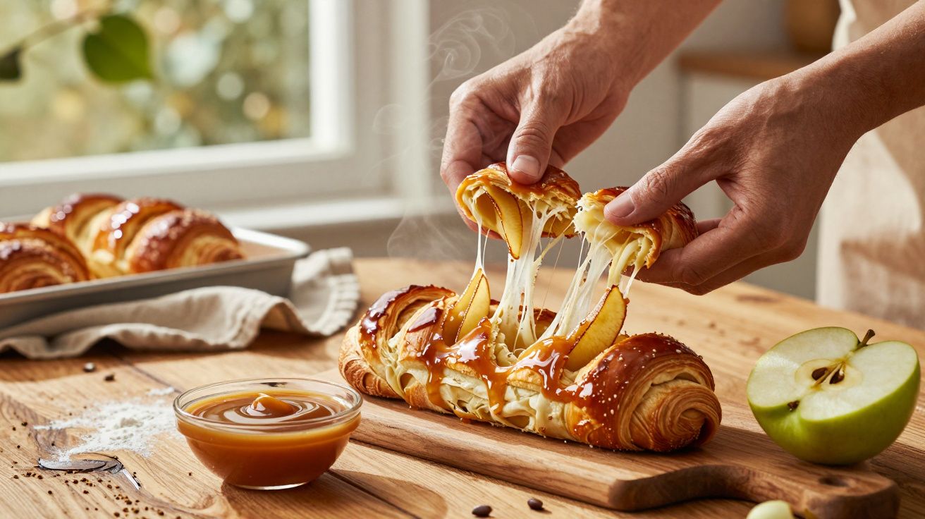 Mãos puxando croissant recheado com queijo e fatias de maçã, ao lado de maçã verde e doce de caramelo.