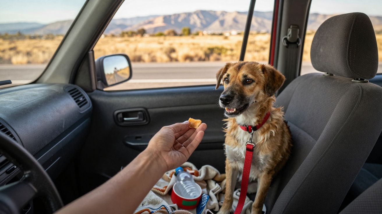 Cachorro no banco do passageiro de carro sendo oferecido um petisco pela mão de uma pessoa.