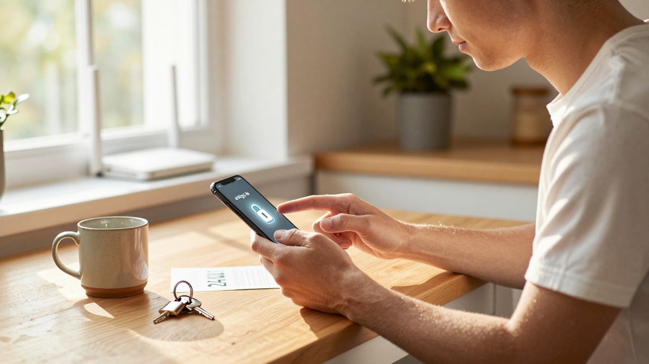 Pessoa usando smartphone com tela de bloqueio, ao lado de chave e caneca sobre mesa de madeira.