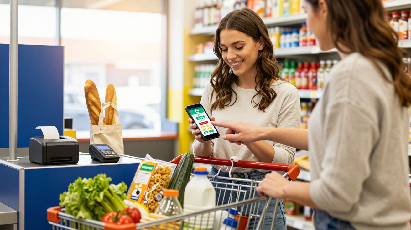 Duas mulheres fazem compras no supermercado enquanto usam um celular para pagamentos digitais.