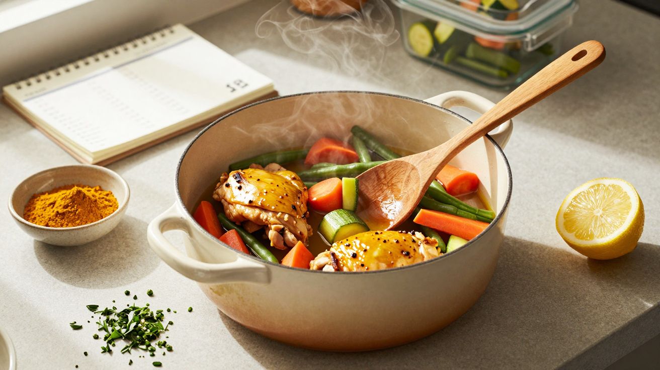 Panela com frango e legumes cozinhando, com temperos e limão ao lado, sobre bancada clara.