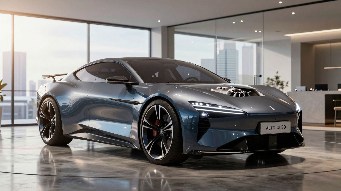 Carro esportivo cinza metálico estacionado em ambiente moderno com grandes janelas e iluminação natural.