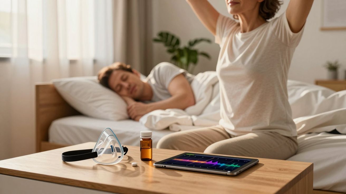 Mulher acordando na cama, homem dormindo ao fundo, mesa com inalador, remédio e tablet com gráfico.