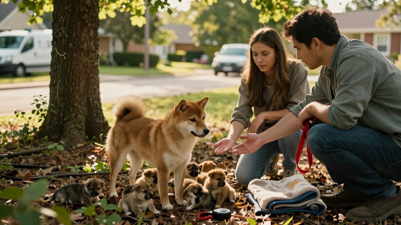 Casal agachado oferecendo alimento para cadela e seus filhotes em área externa com folhas no chão.