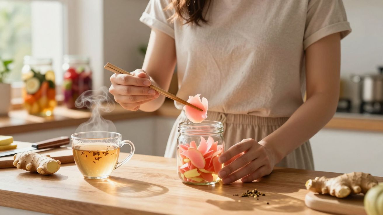 Pessoa usando pauzinhos para colocar fatias de gengibre em pote transparente ao lado de xícara de chá fumegante.