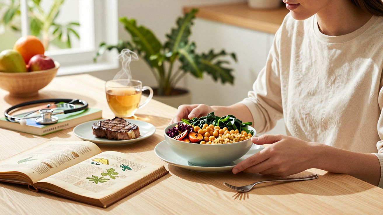 Pessoa segurando tigela com salada de grão de bico, livro aberto e chá quente numa mesa iluminada.