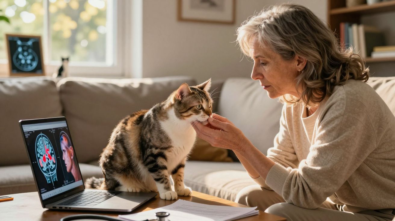 Mulher idosa acariciando gato ao lado de notebook com imagens de exames cerebrais em sala iluminada.