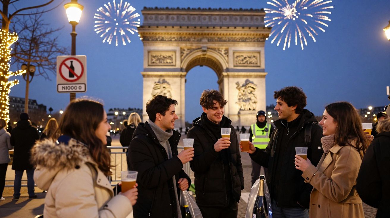 Grupo de jovens celebrando com bebidas perto do Arco do Triunfo à noite com fogos de artifício.