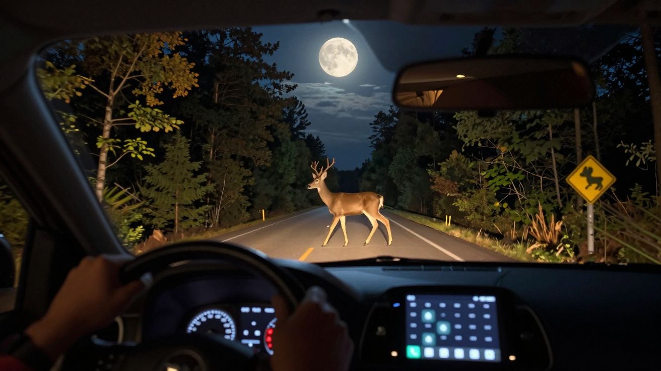 Veado atravessando estrada à noite sob luar, visto de dentro de um carro com faróis acesos.