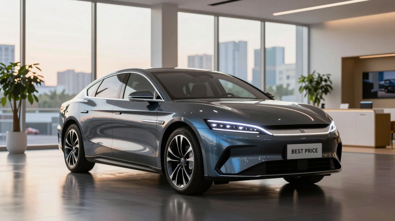 Carro elétrico sedan cinza escuro em showroom moderno com janelas grandes ao fundo.