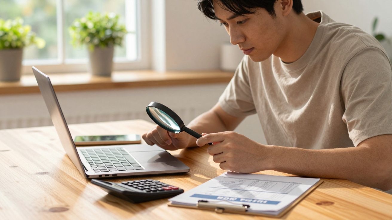 Jovem usando lupa para examinar documento ao lado de laptop, calculadora e celular sobre mesa de madeira.