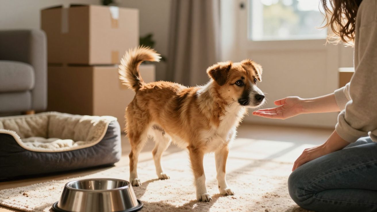 Cachorro marrom e branco em pé perto de pessoa oferecendo a mão em ambiente interno iluminado.