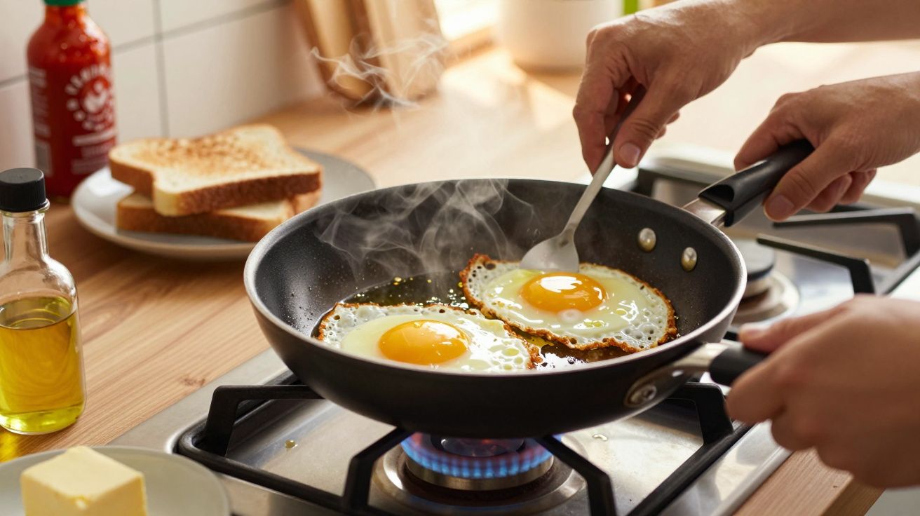 Pessoa fritando dois ovos em frigideira no fogão a gás com torradas e temperos ao fundo.