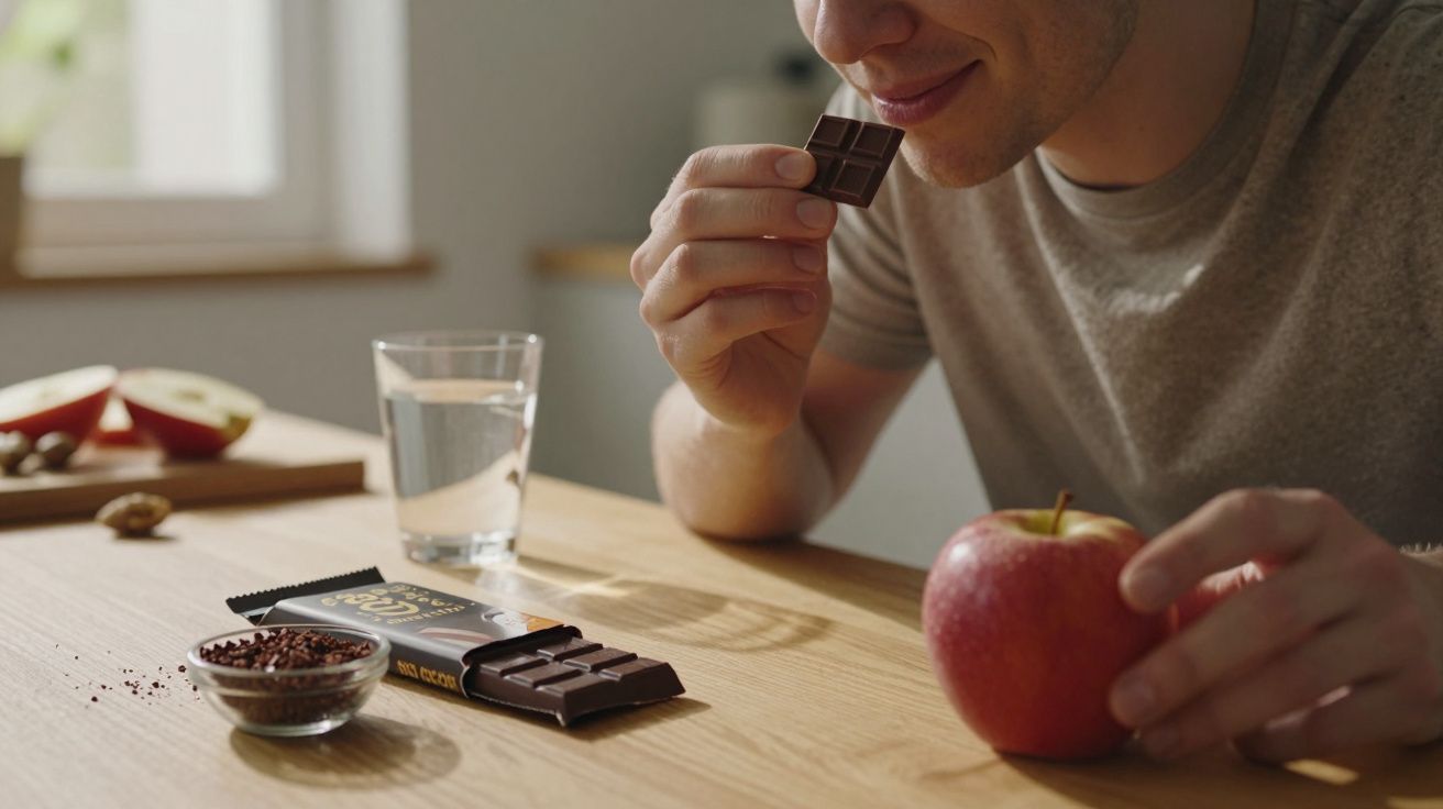 Homem segurando chocolate perto de maçã e copo d'água em mesa de madeira iluminada pela janela.
