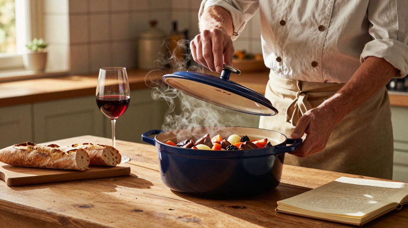Pessoa abrindo panela azul com comida quente na cozinha, ao lado de vinho e pão sobre mesa de madeira.
