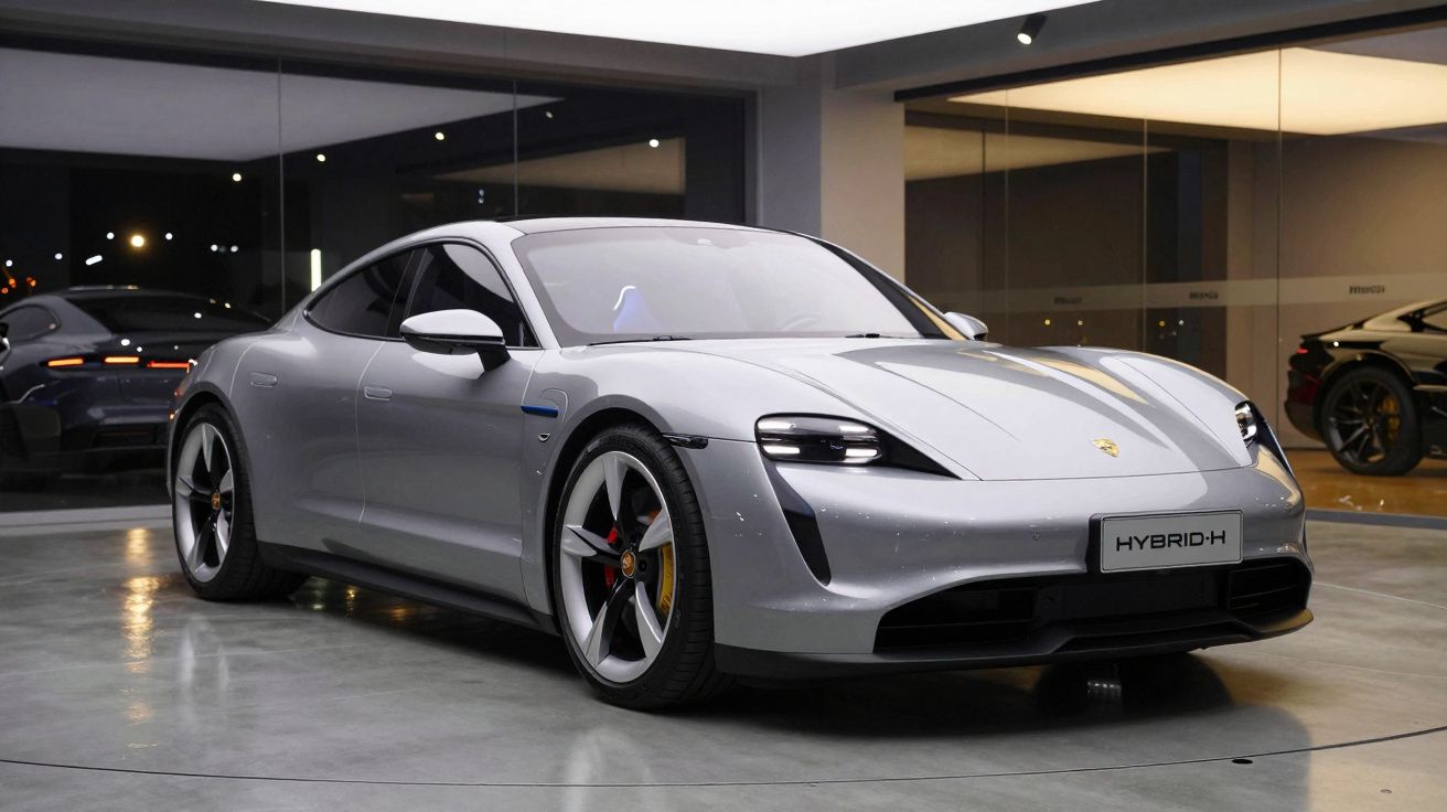 Carro esportivo elétrico prata Porsche Taycan estacionado em showroom moderno e iluminado.