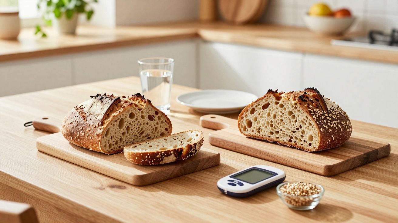 Pães artesanais cortados em tábua de madeira com um copo d’água e medidor de glicose em mesa de cozinha.