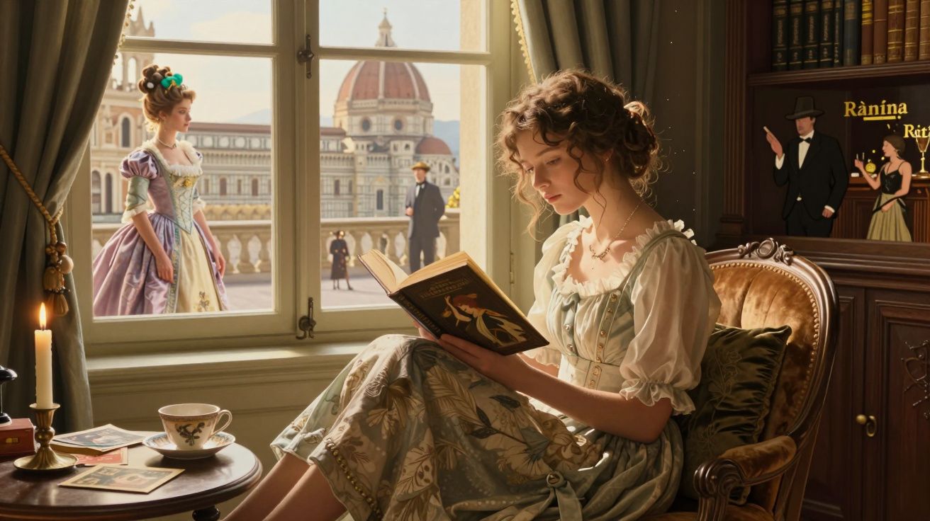 Jovem vestida com traje antigo lendo livro em cadeira junto à janela com vista para edifício clássico.