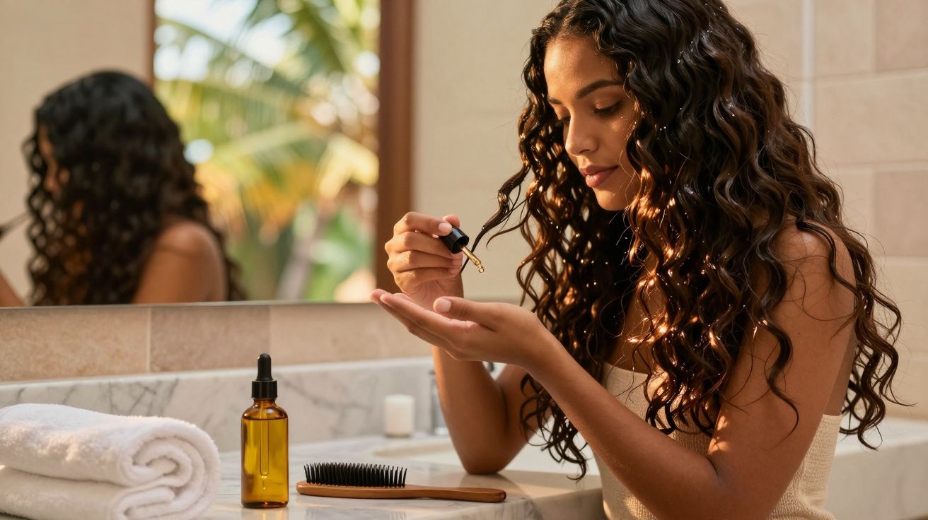 Mulher aplicando óleo capilar com conta-gotas no banheiro, com toalha e escova ao lado.