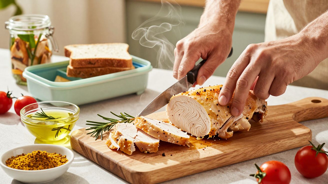 Pessoa fatiando peito de frango quente em tábua de madeira com temperos e pão ao fundo.