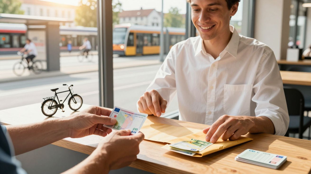 Homem sorridente entregando documentos e dinheiro sobre mesa, em ambiente claro com janela grande.