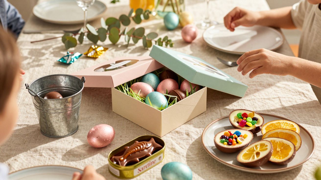 Mesa com ovos de Páscoa coloridos, chocolates em lata e frutas, crianças à volta.