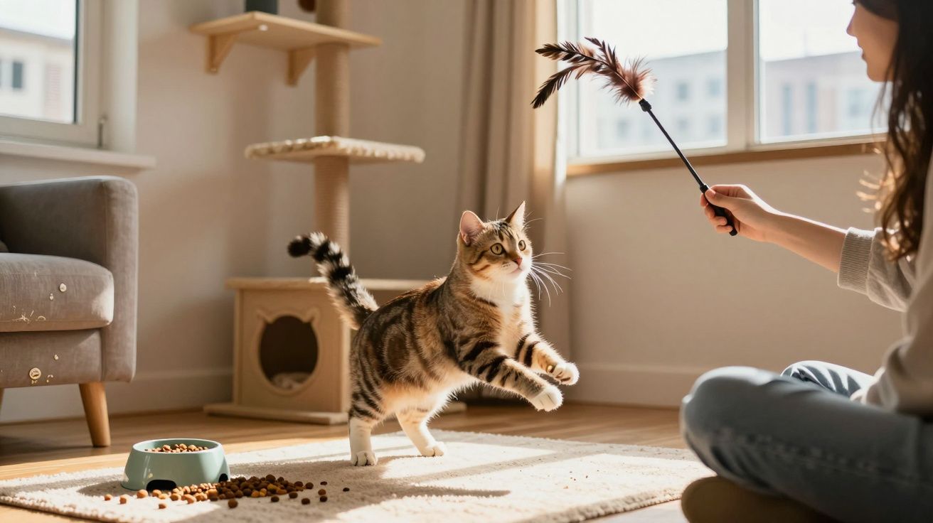 Gato brincando com pena enquanto pessoa sentada no chão observa em sala iluminada.