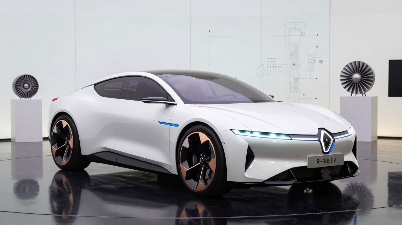 Carro elétrico esportivo branco exposto em ambiente moderno com rodas detalhadas em bronze e preto.