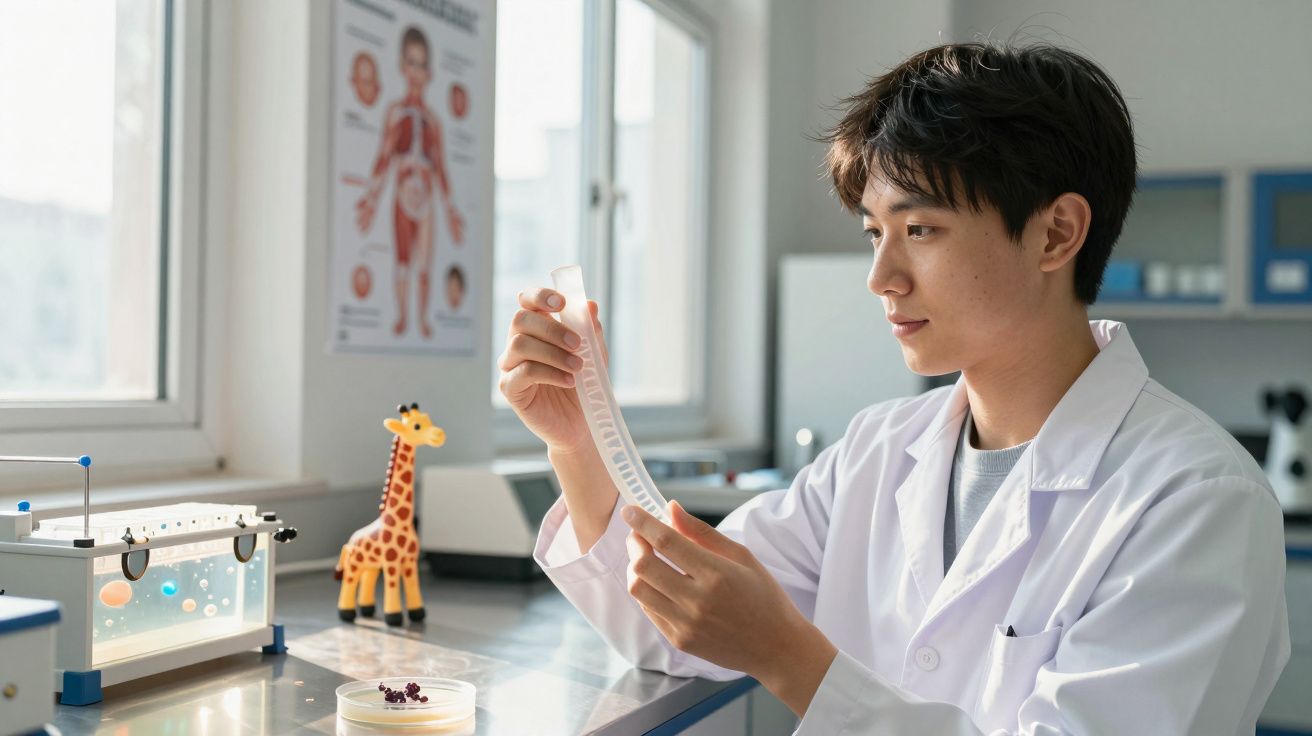 Jovem cientista em laboratório observando uma tira plástica enquanto usa jaleco branco.