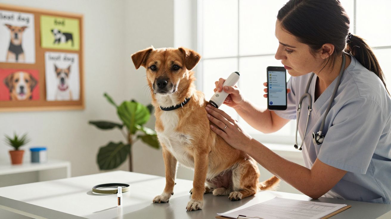 Veterinária usando scanner eletrônico para examinar cão marrom em consulta em clínica veterinária.