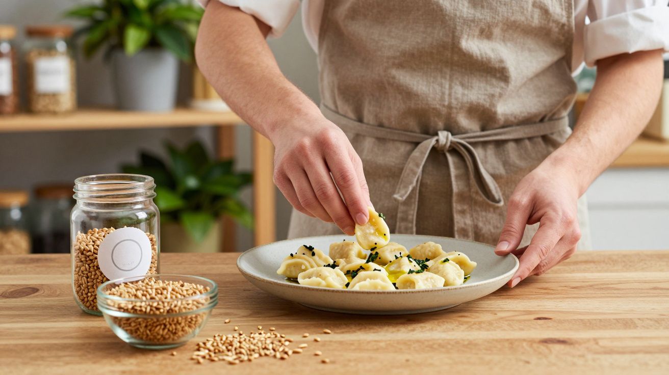 Pessoa servindo ravioli em prato em cozinha com potes de grãos ao lado na bancada de madeira.