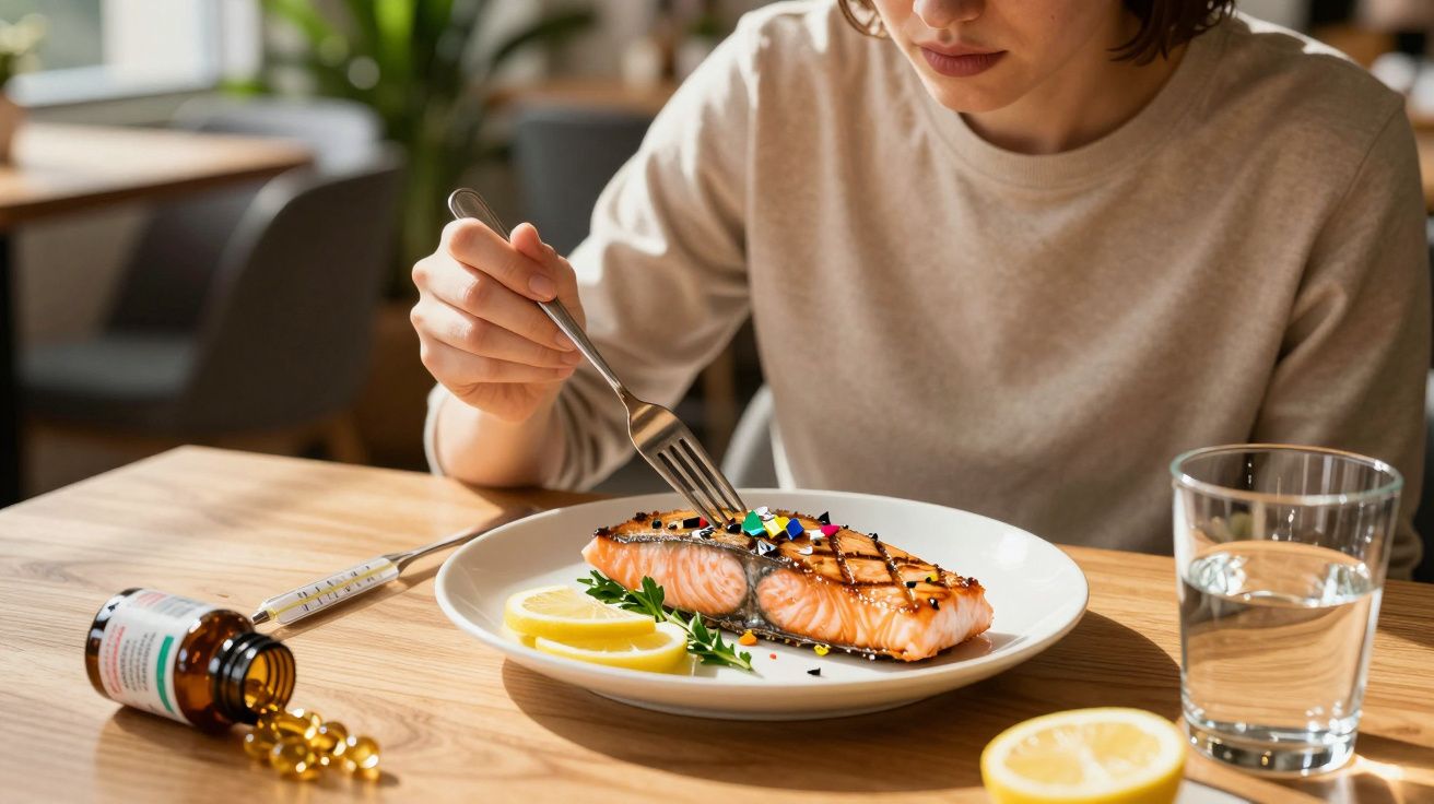 Pessoa segurando um garfo sobre um prato com salmão grelhado, fatias de limão e ervas, com cápsulas e termômetro na mesa.
