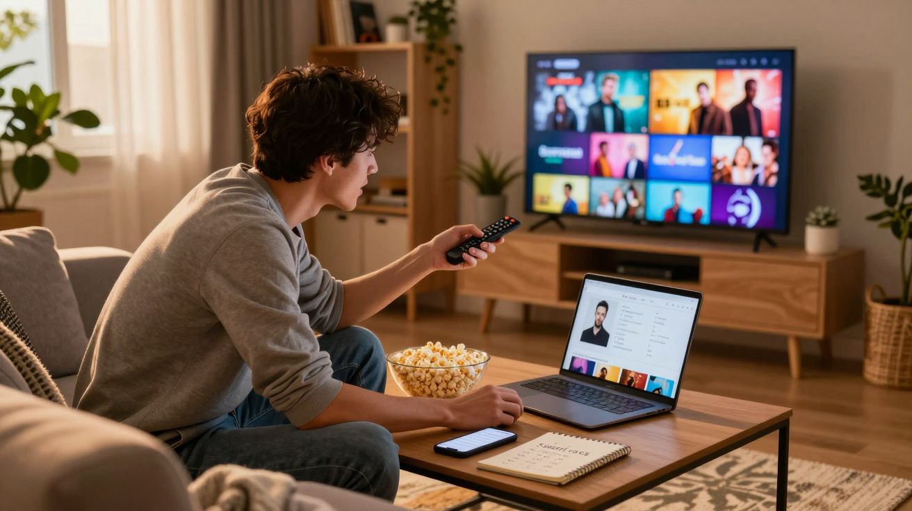 Jovem sentado no sofá com controle, laptop, caderno e tigela de pipoca assistindo TV na sala.