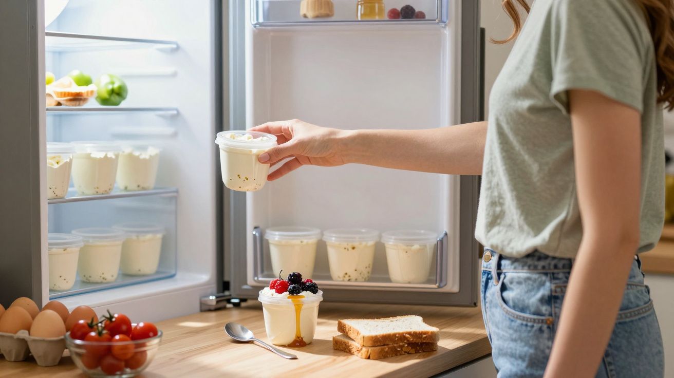 Pessoa pegando iogurte na geladeira com potes de iogurte, ovos, tomate e pão na bancada da cozinha.