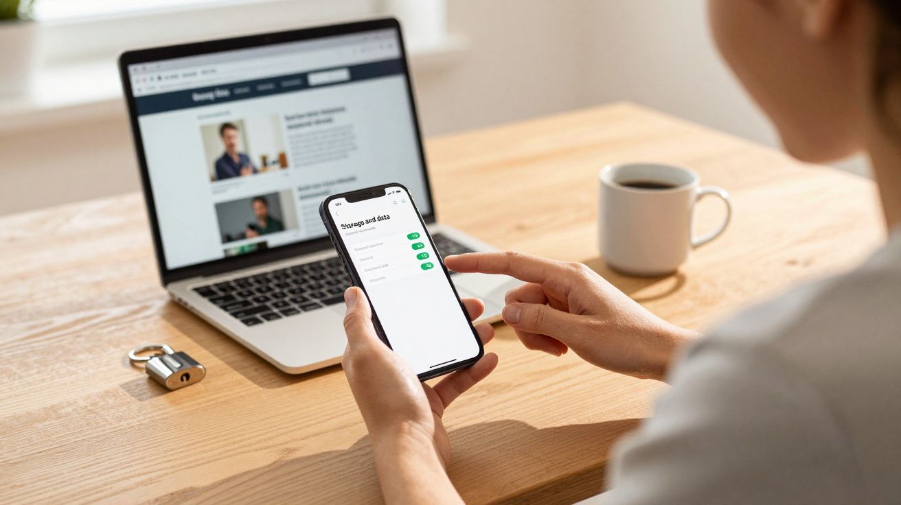 Pessoa usando smartphone com tela de configurações de dados enquanto está à frente de um laptop aberto em mesa de madeira.