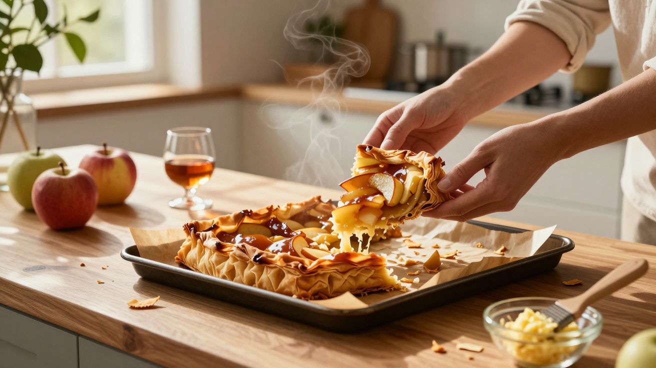 Pessoa pegando pedaço de torta de maçã quente sobre mesa de madeira com maçãs e bebida ao fundo.