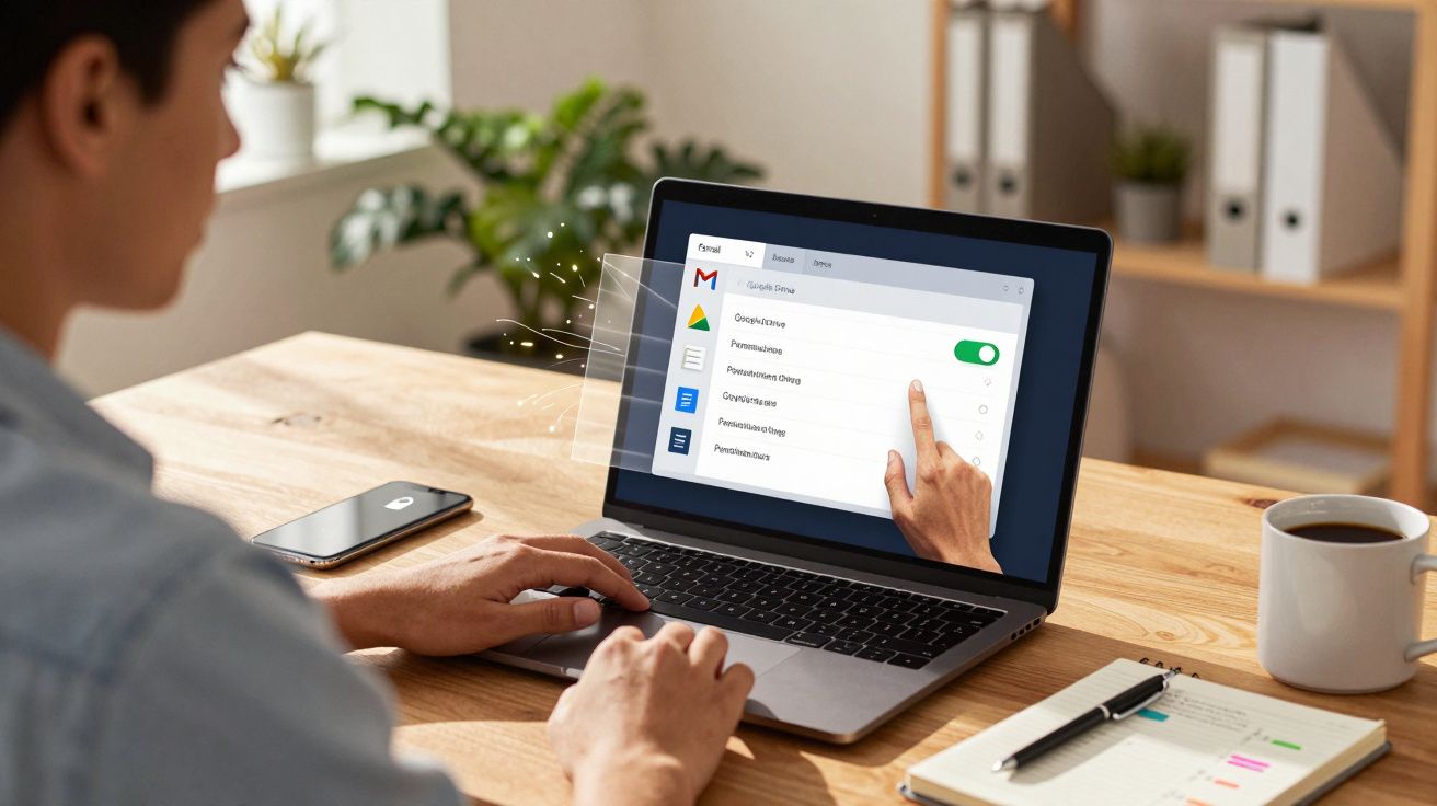 Pessoa usando laptop com configurações do Google Drive na tela em uma mesa com celular, café e caderno.