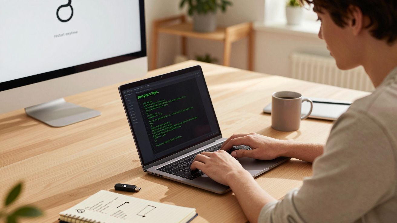 Pessoa digitando código em laptop com tela preta, mesa de madeira e xícara de café ao lado.