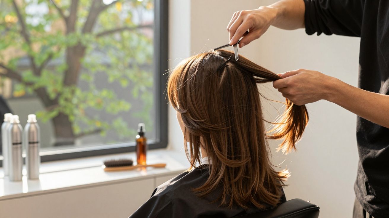Cabeleireiro penteando cabelo castanho claro de cliente sentada em cadeira perto de janela com produtos na bancada.