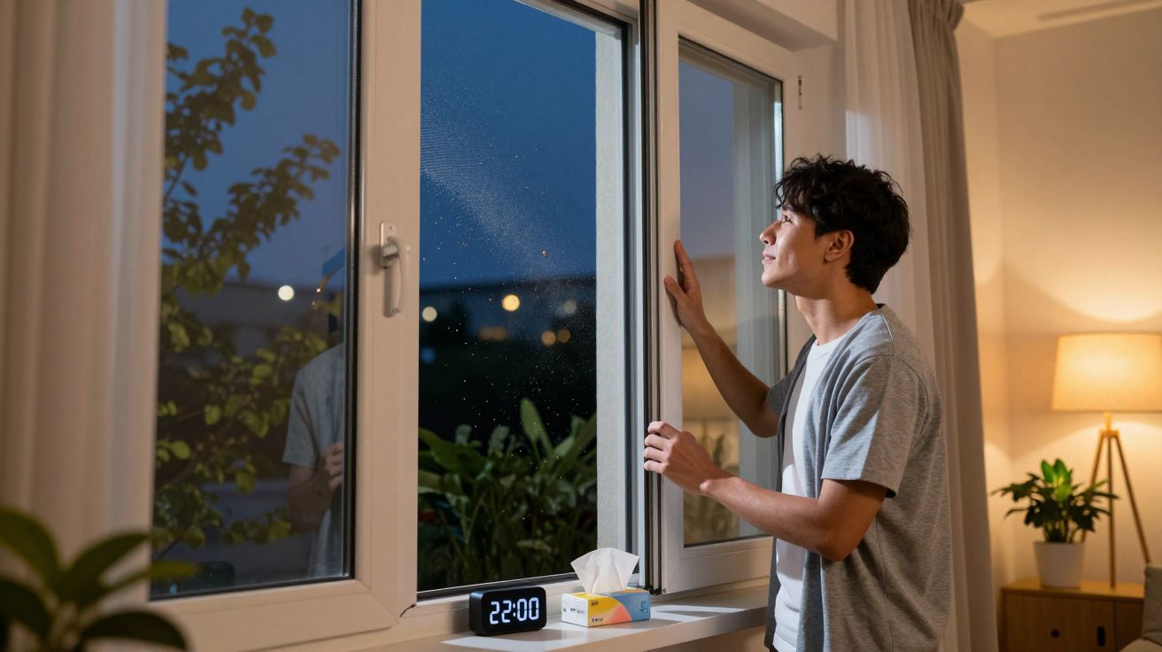 Jovem abrindo janela à noite em ambiente interno iluminado com relógio digital marcando 22:00.