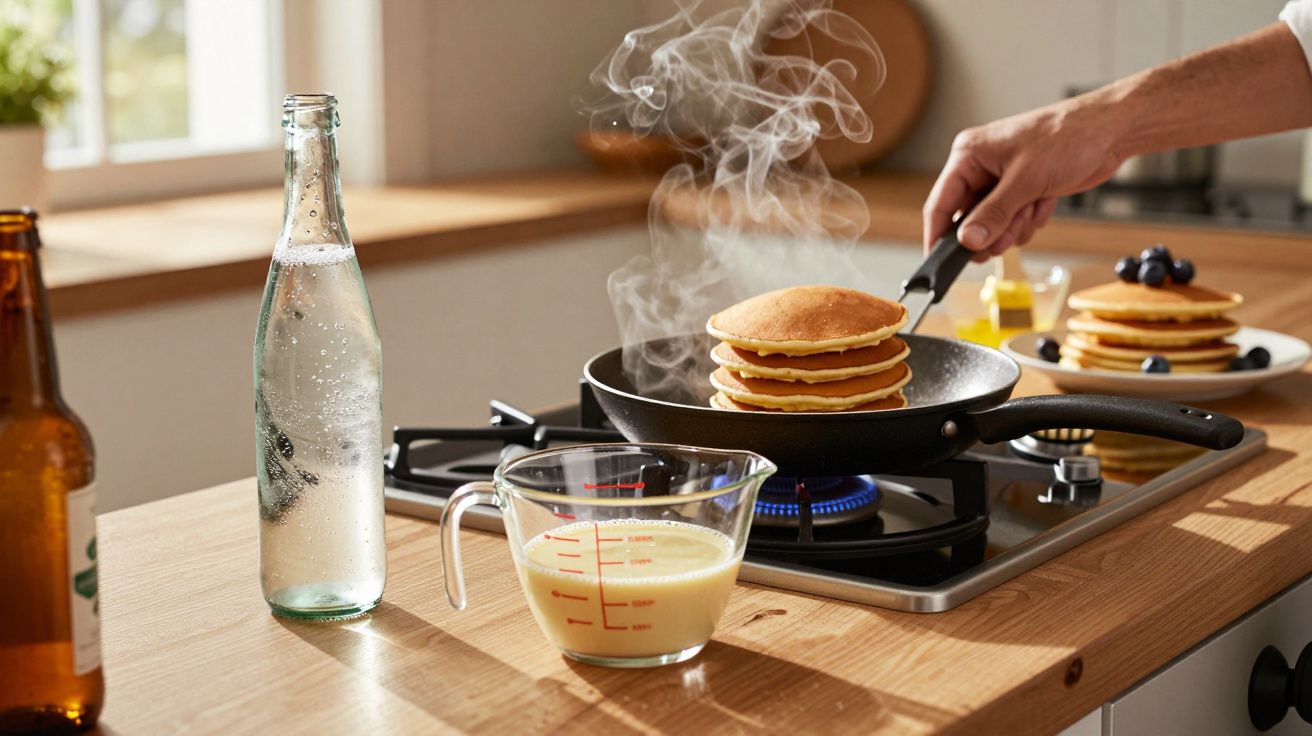 Pessoa virando pilha de panquecas quentes em frigideira na cozinha iluminada com garrafas e mistura na bancada.
