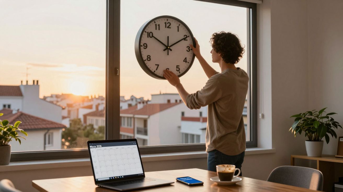 Pessoa ajusta relógio grande na parede perto de janela com pôr do sol, mesa com laptop, celular e café.