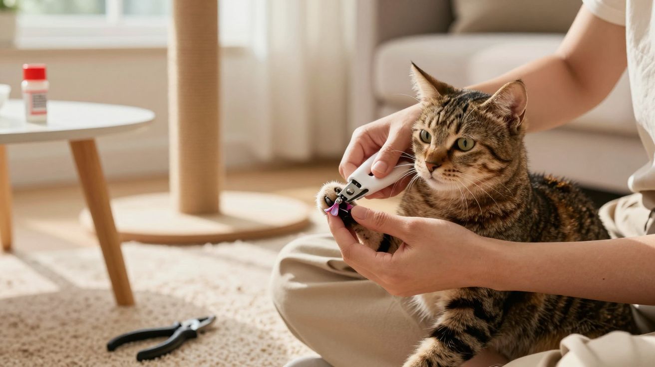 Pessoa cortando as unhas de um gato doméstico em sala de estar iluminada pela janela.