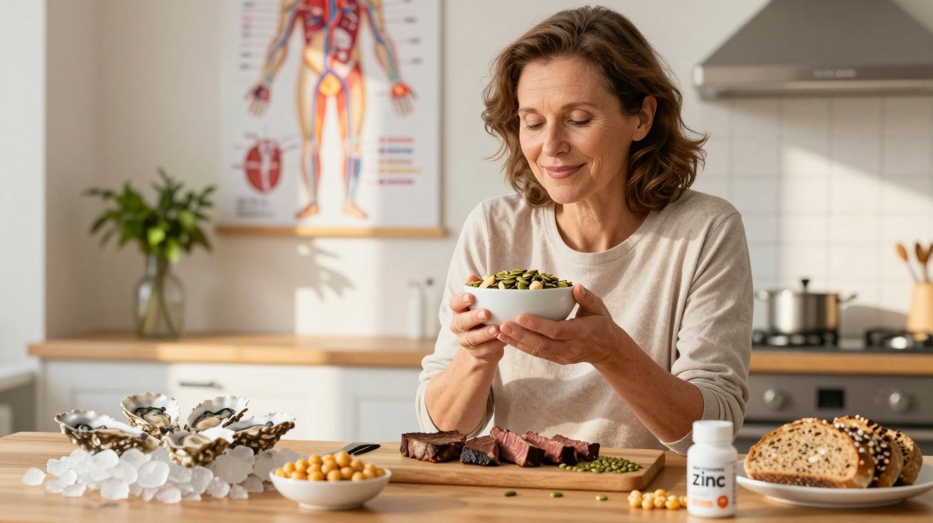 Mulher segura tigela de sementes, com comida saudável e suplemento de zinco em mesa de cozinha.